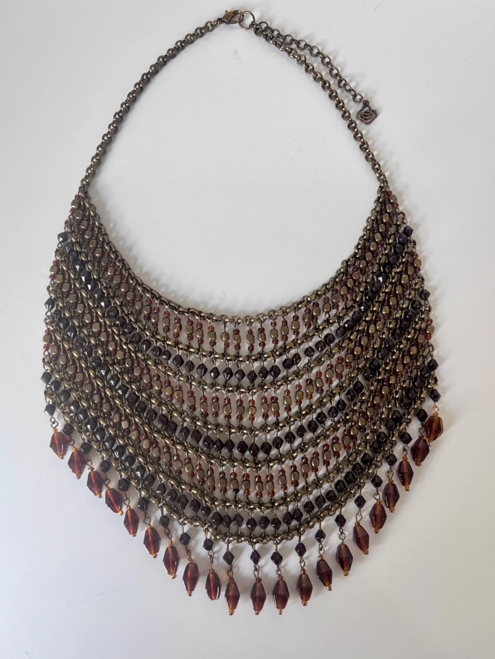 Boho Vintage Bib Necklace Layered Cain & Amber Glass Beads Gold Brass Tone